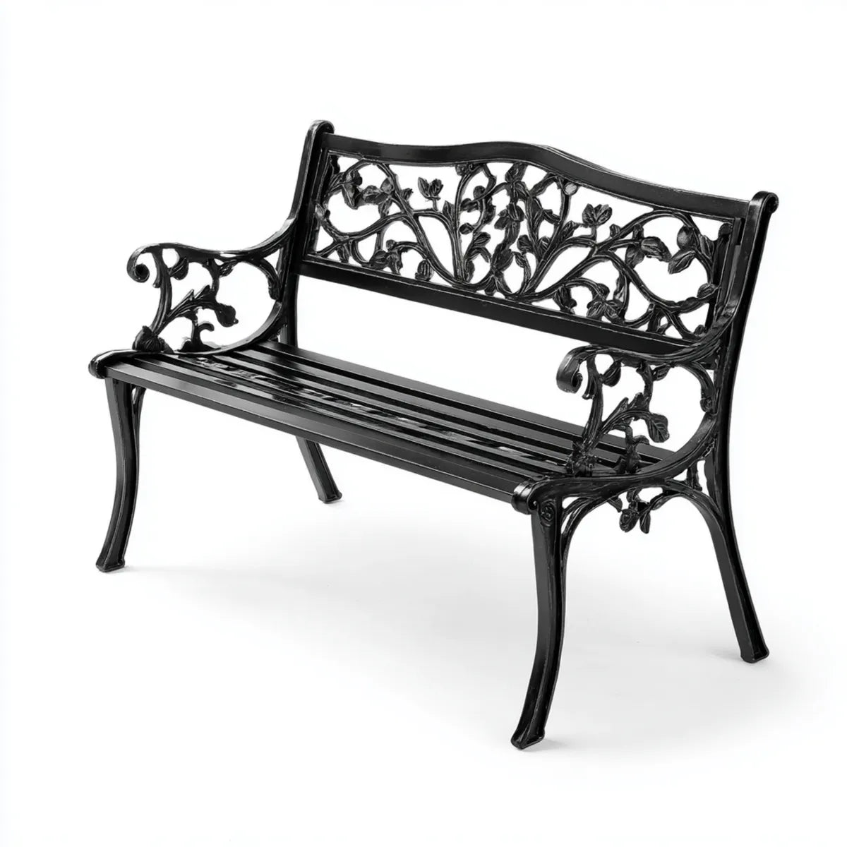 Panca da giardino 2 posti nera 122 x 56 x 87 cm in alluminio pressofuso con schienale floreale