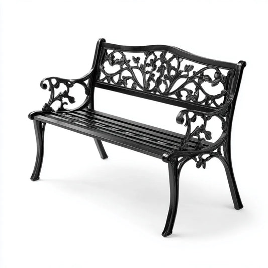 Panca da giardino 2 posti nera 122 x 56 x 87 cm in alluminio pressofuso con schienale floreale