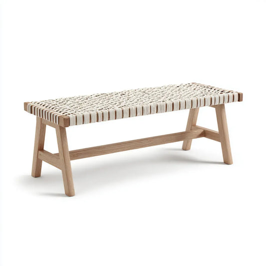 Panca da giardino rettangolare beige 120 x 40 x 45 cm in teak massello e corda di polipropilene
