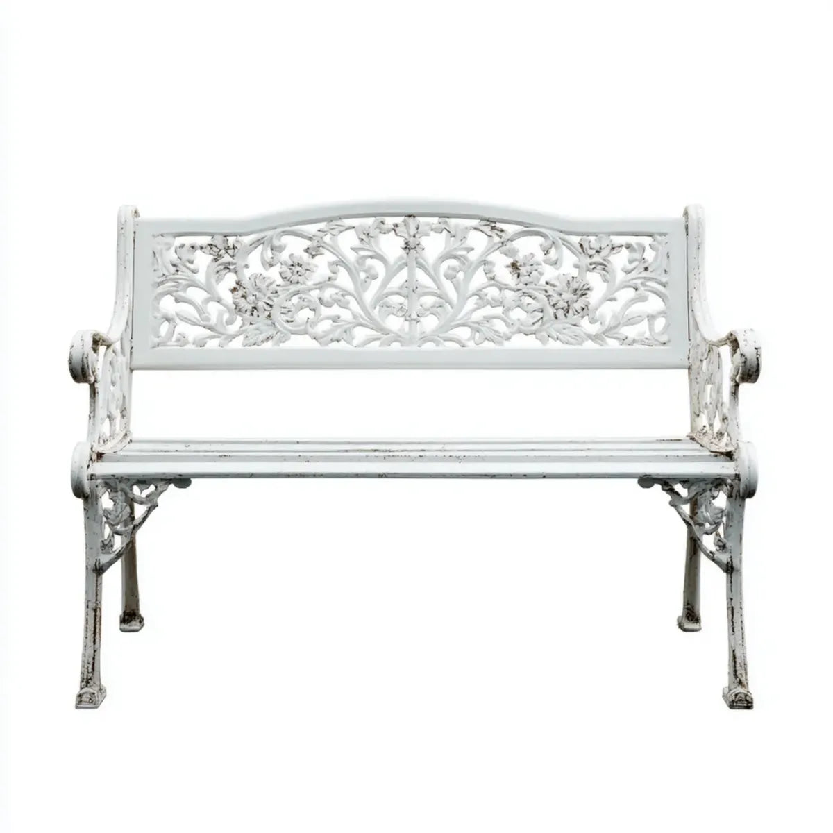 Panca da giardino bianca in alluminio pressofuso 102 x 52 x 82 cm con schienale floreale rettangolare