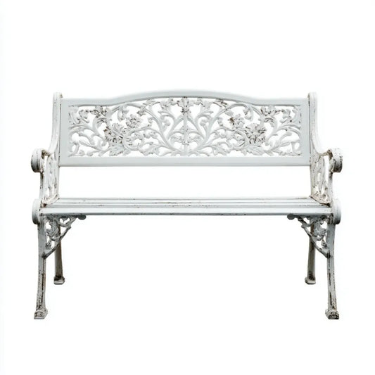 Panca da giardino bianca in alluminio pressofuso 102 x 52 x 82 cm con schienale floreale rettangolare