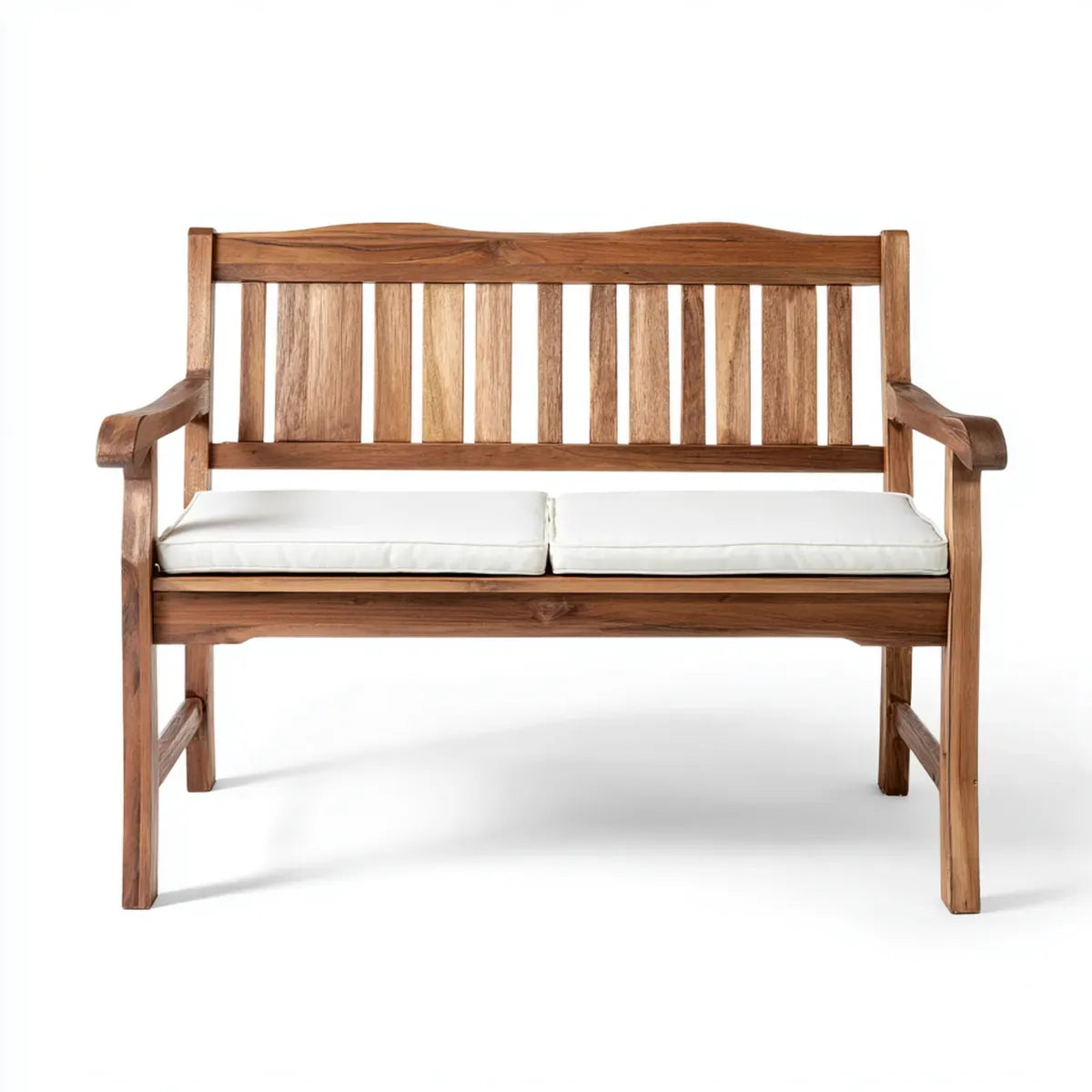 Panca da giardino 2 posti marrone con cuscini bianchi in legno massello di acacia rettangolare 120 x 65 x 90 cm