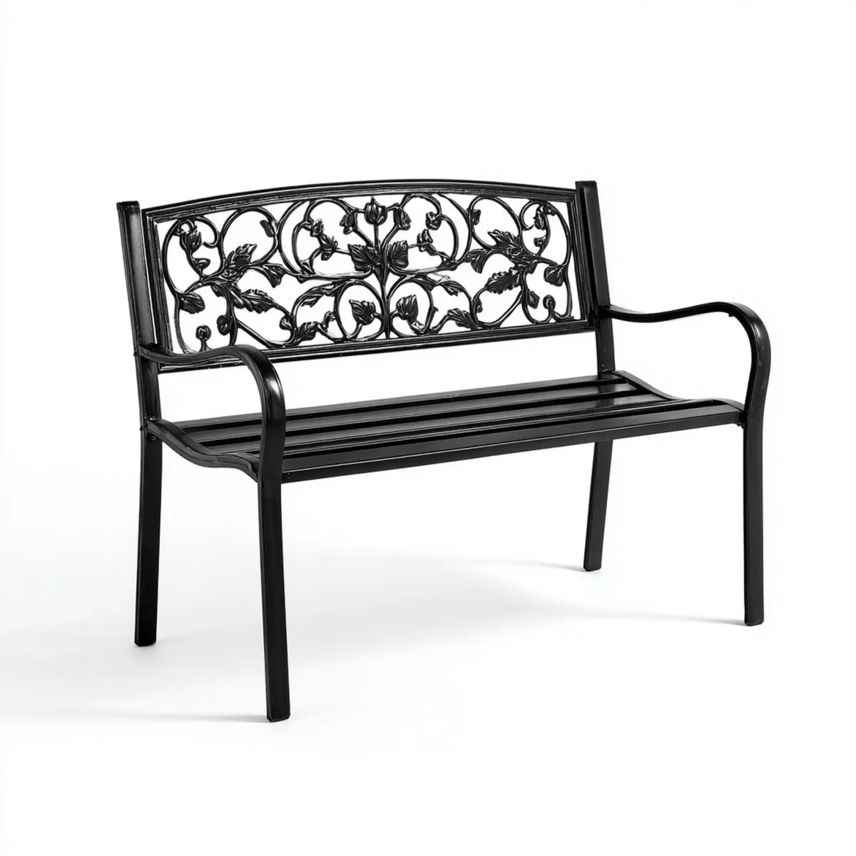 Panchina da giardino nera 122 x 56 x 87 cm in alluminio pressofuso con schienale floreale