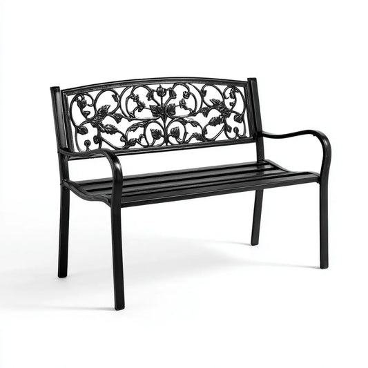 Panchina da giardino nera 122 x 56 x 87 cm in alluminio pressofuso con schienale floreale