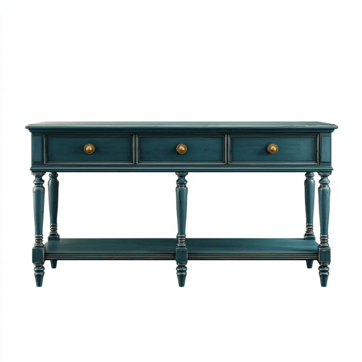 Consolle da soggiorno blu petrolio con 3 cassetti in legno massello rettangolare 160 x 40 x 85 cm