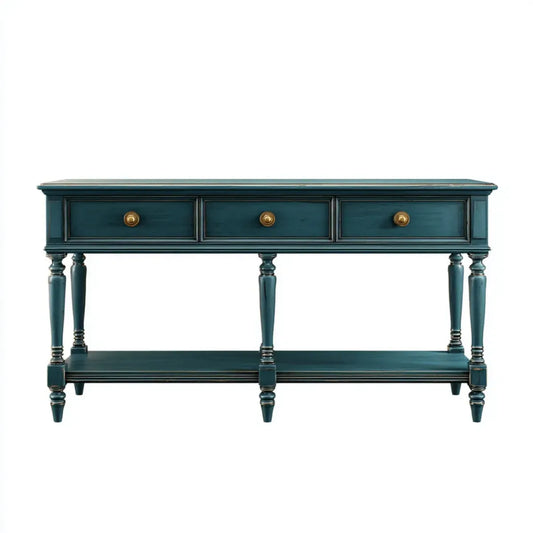 Consolle da soggiorno blu petrolio con 3 cassetti in legno massello rettangolare 160 x 40 x 85 cm